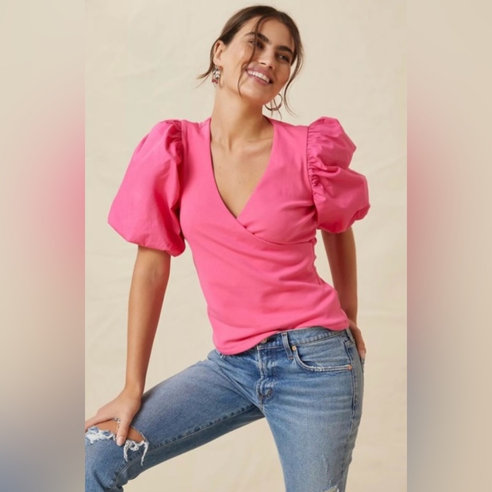Maeve by Anthropologie Puff sleeve Wrap Pink Blouse Size XXS